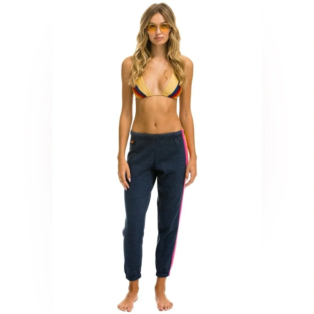 AVIATOR NATION 5 STRIPE SWEATPANTS HEATHER NAVY/NEON RAINBOW SMALL - Picture 2 of 13